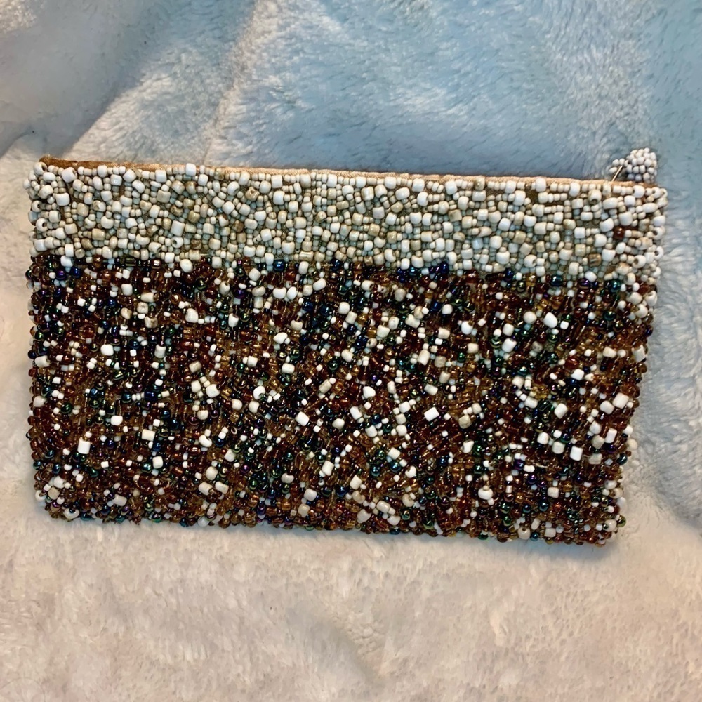 Vintage Beaded Purse Clutch White Taupe Amber Rainbow Beads Zippered close